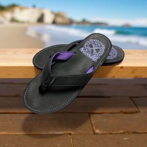 Unisex Dixxon Black & Purple Leather Flip Flop Sandals Size M 9 W 10.5